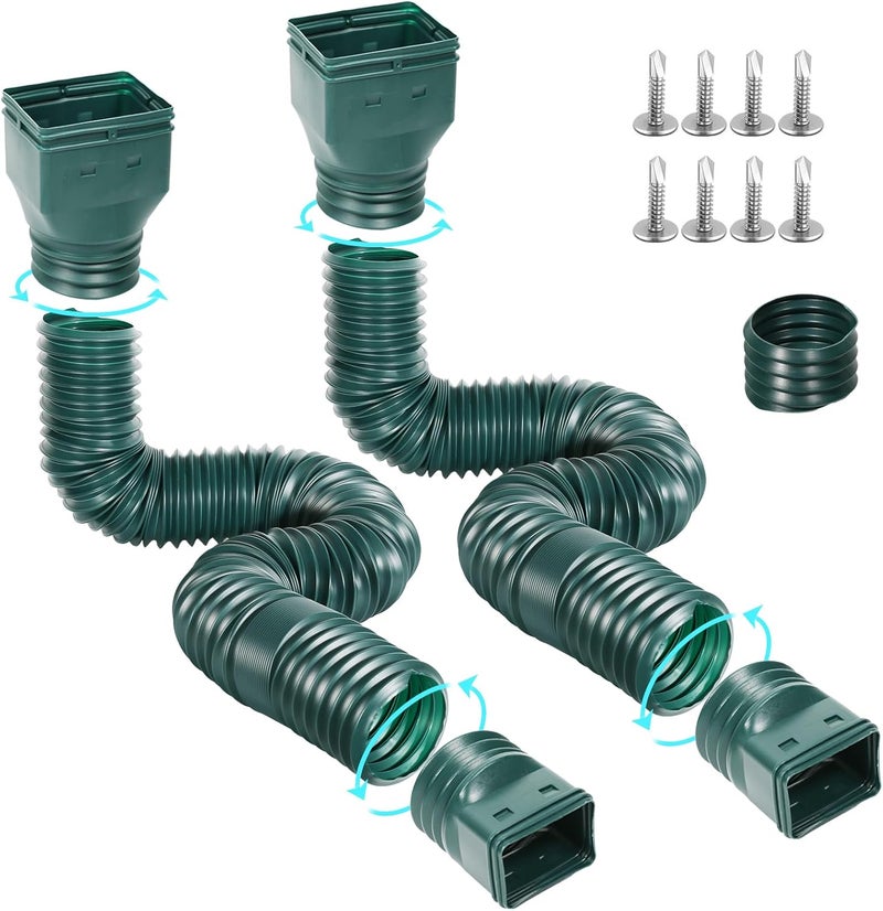 Gutterlix Flexible Gutter Downspout Extensions, Connectable Downspout Extender with 58"+ 67" Extendable Pipe, Thickened Down spout Drain Extension for Rainwater Drainage(2 Pack, Green) - Image 1